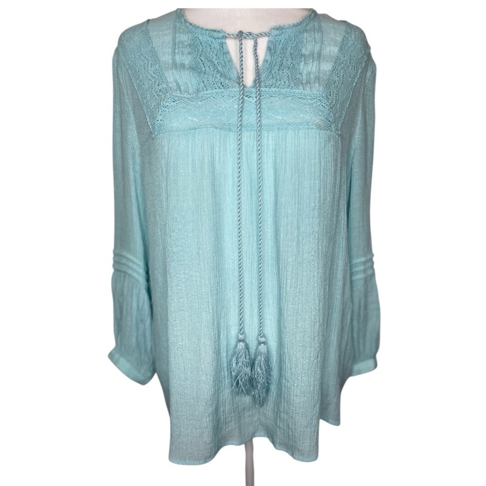 Zac & Rachel Teal Blouse Key Hole Tie Closure Tassels Long Sleeve Lightweight Lg